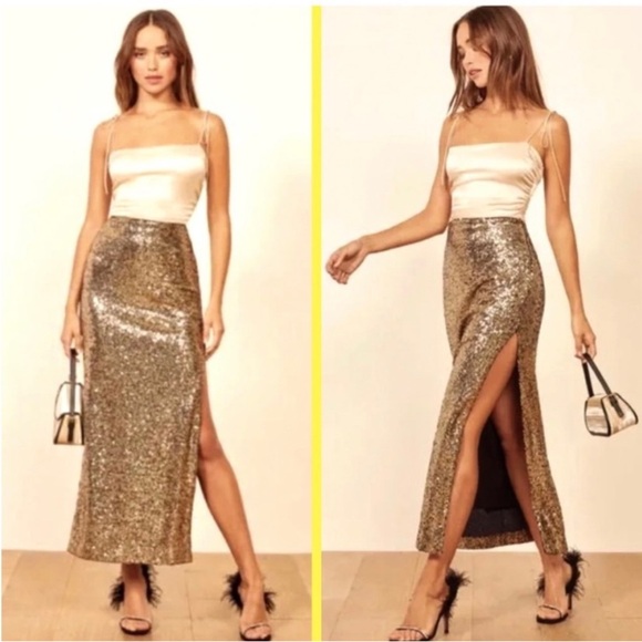 NWT Reformation Galaxy Skirt Gold Sparkle Sequin | Size Small - Picture 1 of 12